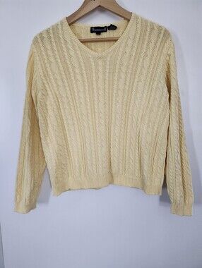Women's Vintage Butter Yellow Cable Knit V-Neck Pullover Cotton Sweater Medium